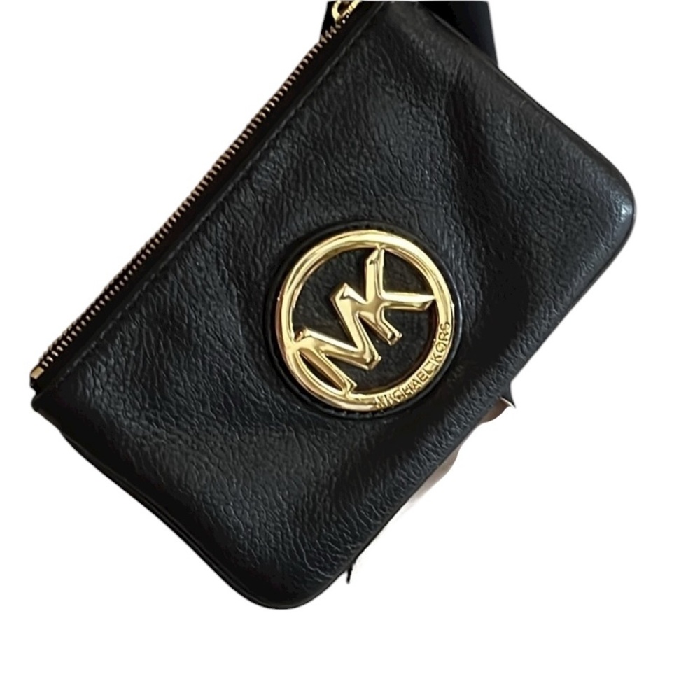 Michael Kors, black leather, wristlet, gold detail 2 inside pockets like new
